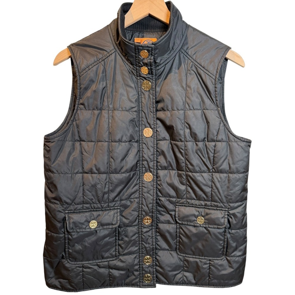 Tory Burch Black Quilted Puffer Vest Gold Logo Snap Button Preppy Luxury Large L - Picture 3 of 10